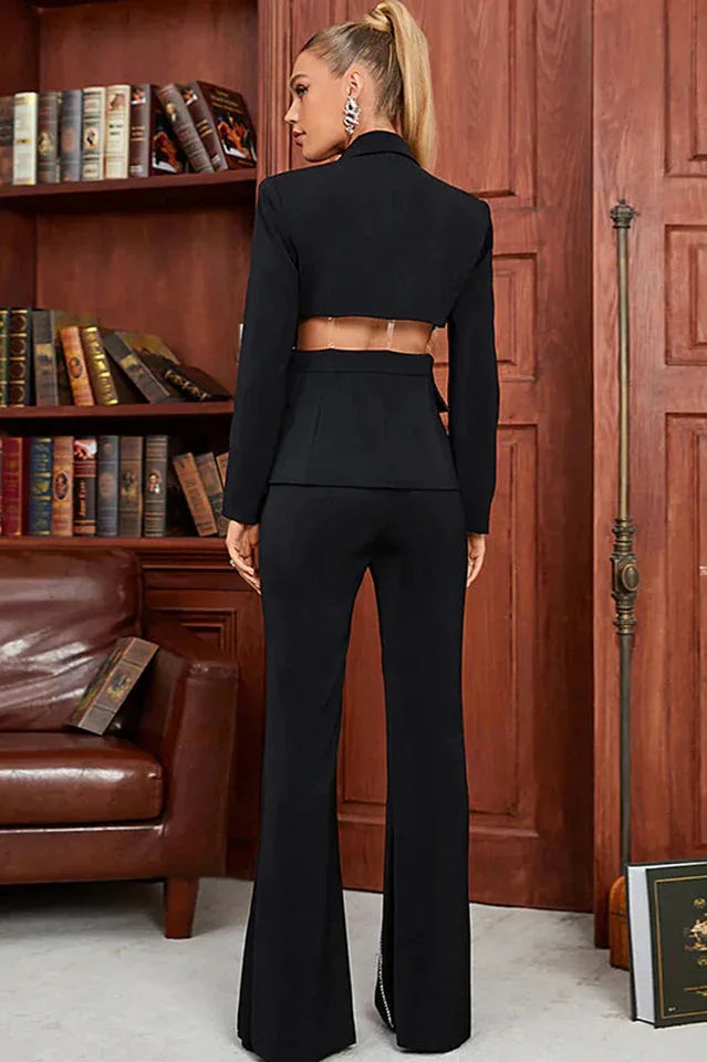 Women's Textured Blazer and Wide-Leg Pants Set - View 9 | TEVQA