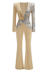 Sequin long sleeve jumpsuit with flared legs - View 8 | TEVQA