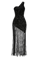One Shoulder Shiny Sequin Lace Dress - TEVQA