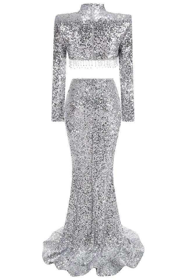 Silver sequin maxi dress with mock neck and fringe detail - View 8 | TEVQA