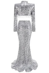 Silver sequin maxi dress with mock neck and fringe detail - View 8 | TEVQA