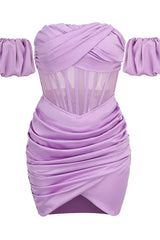 Lilac off-shoulder puff sleeve mini dress - View 6 | TEVQA