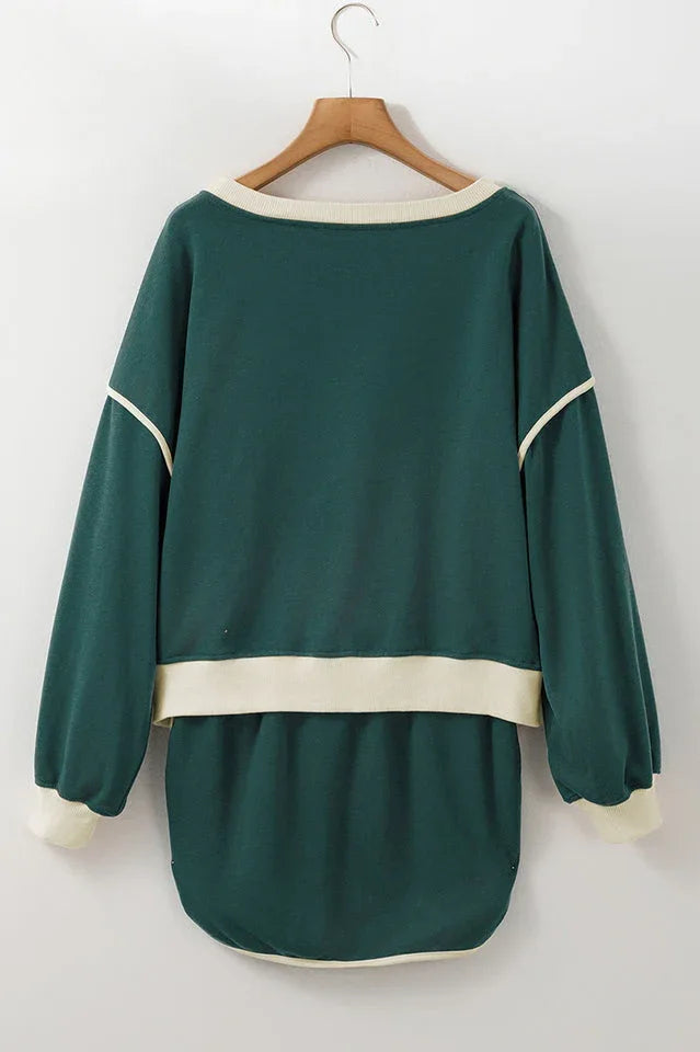 Forest green contrast trim pullover and skort set - View 6 | TEVQA