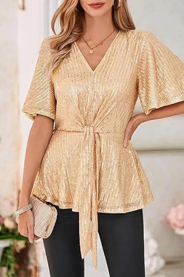 Sequin Peplum Top with Flutter Sleeves - View 8 | TEVQA