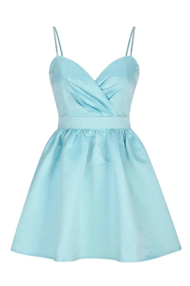 Aqua Blue Taffeta Mini Skater Dress with Crystal Straps - View 11 | TEVQA