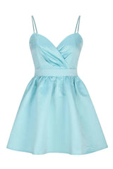 Aqua Blue Taffeta Mini Skater Dress with Crystal Straps - View 11 | TEVQA