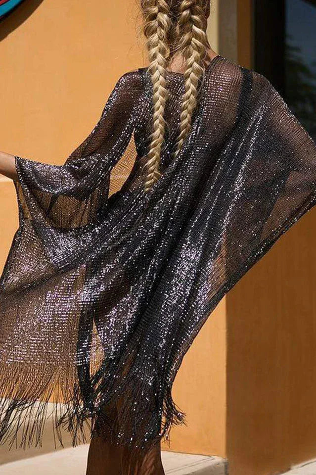 Metallic knit kimono cover up with fringe detail - View 8 | TEVQA