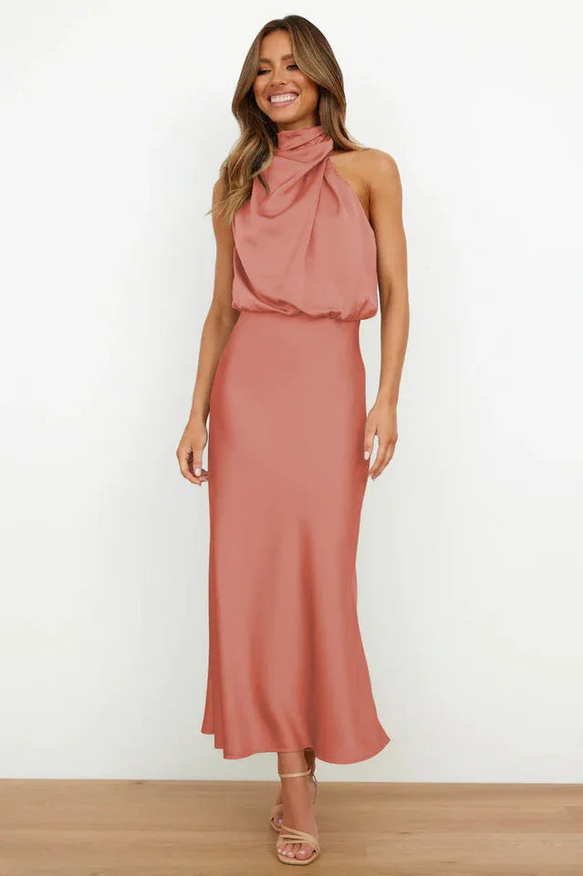 Satin Halter Neck Midi Dress - View 43 | TEVQA