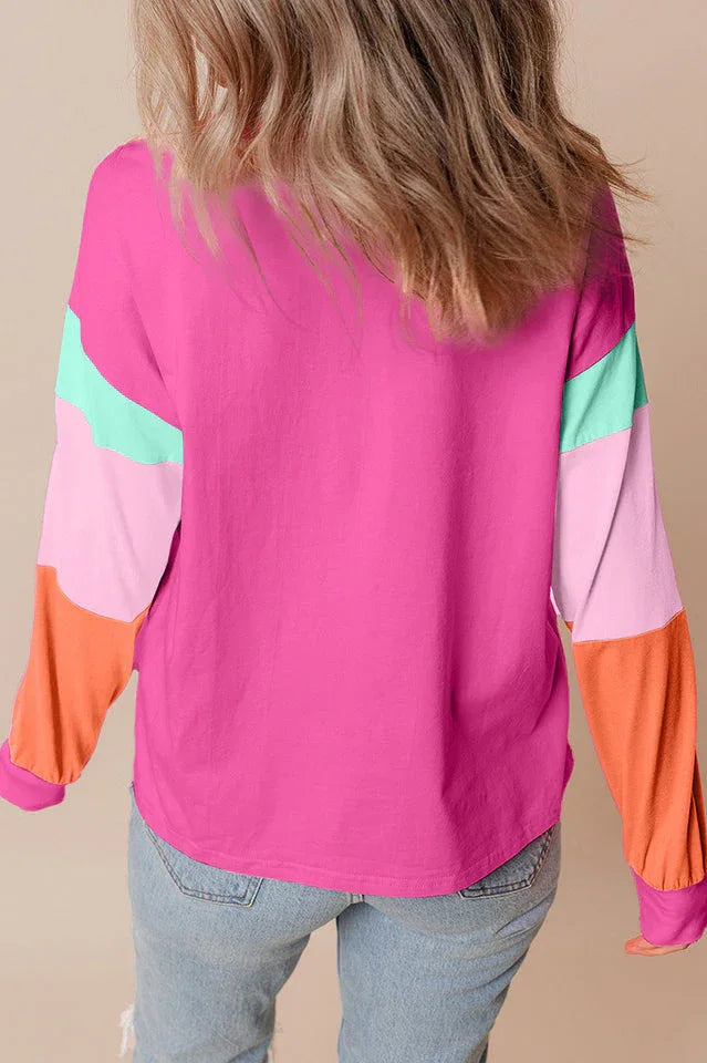 Playful Color Block Long Sleeve Top - TEVQA