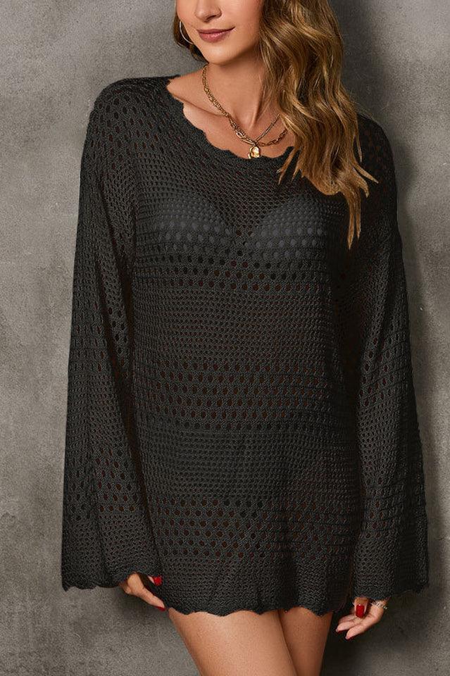 White Open-Knit Hollow Out Long Sleeve Beach Cover-Up - TEVQA