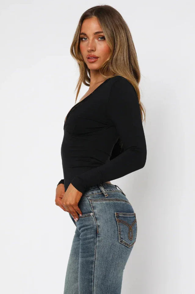 Lace Trim V-Neck Long Sleeve Top - View 15 | TEVQA