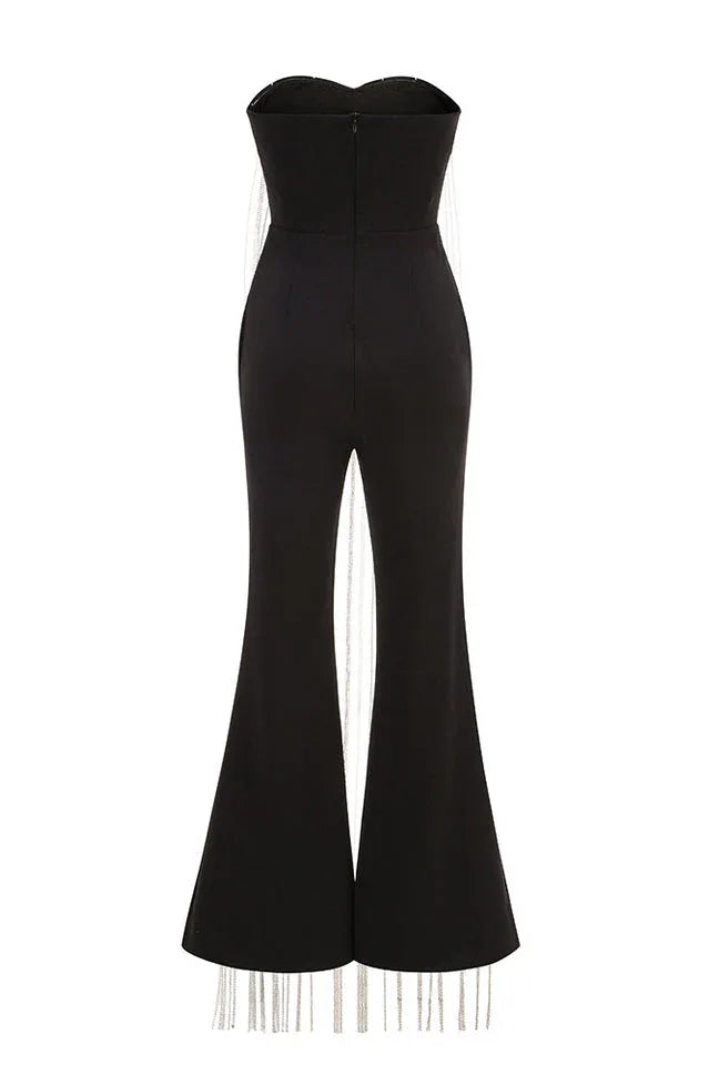 Strapless Crystal Chain Detail Wide Leg Jumpsuit - View 8 | TEVQA