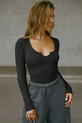 White Notched Neck Ribbed Long Sleeve Top - TEVQA