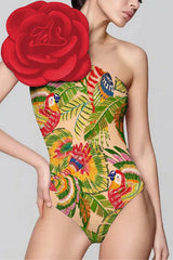 One shoulder swimsuit with tropical print and floral applique, paired with a matching skirt. - View 7 | TEVQA