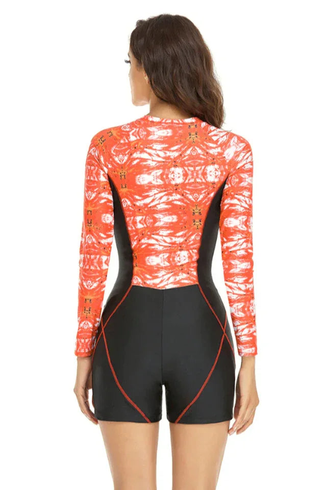 Long Sleeve One Piece Swimsuit with printed pattern and zipper closure - View 10 | TEVQA