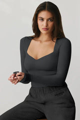 Cream Ribbed Sweetheart Neck Long Sleeve Top - TEVQA
