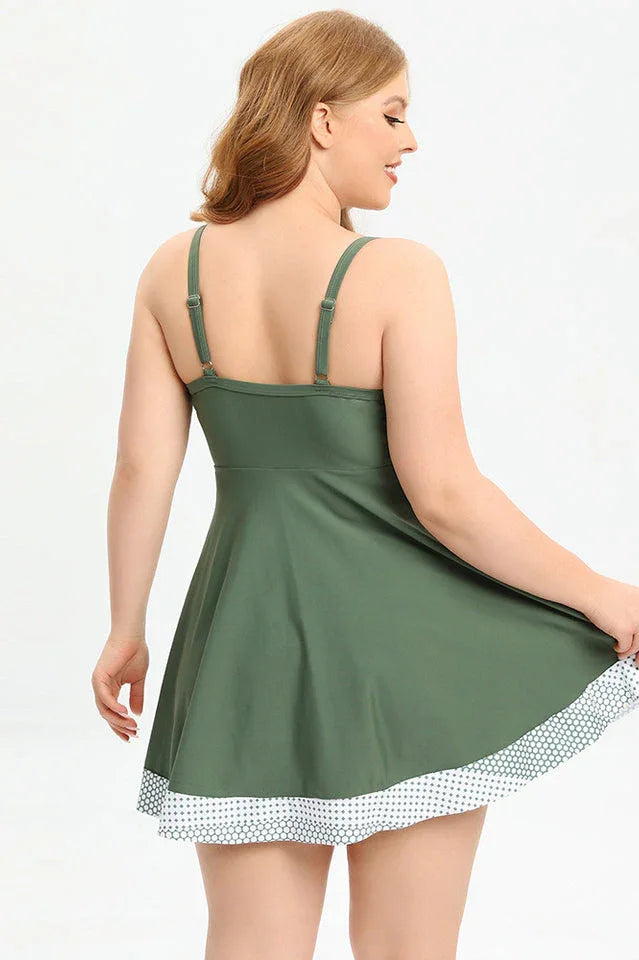 Back view of plus-size olive green swim dress