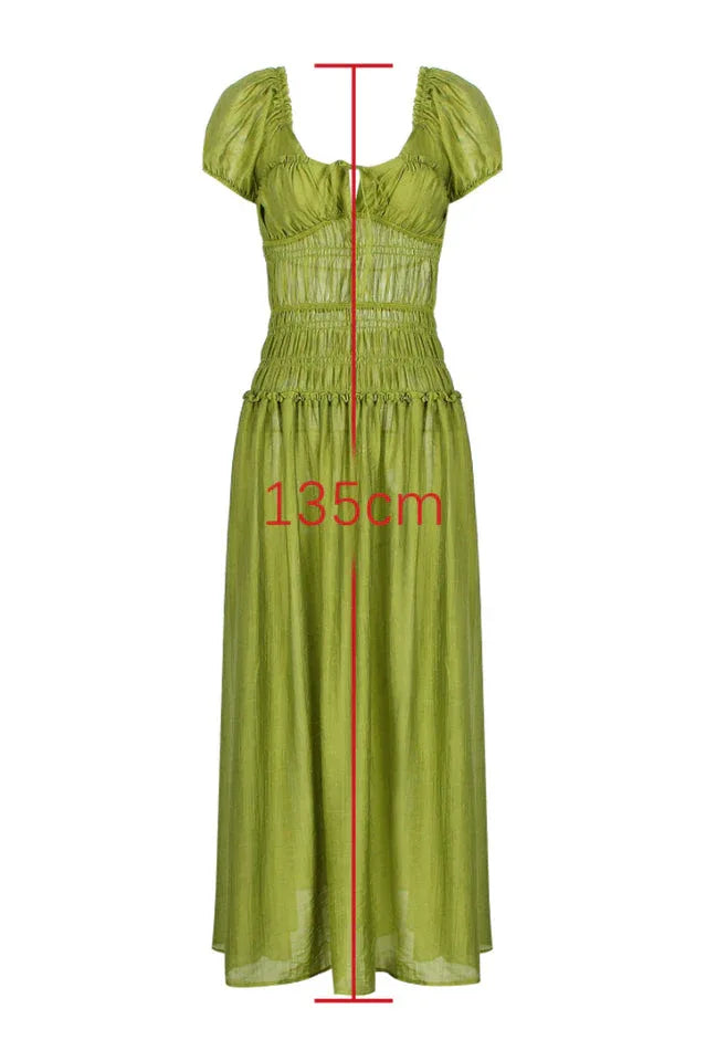 Smocked Midi Dress with Puff Sleeves - View 9 | TEVQA