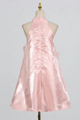 Back view of a pink satin halter dress on a mannequin, highlighting the ruched detailing on the back.