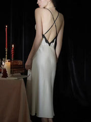 Angelic White | Contrast Lace Satin Slip Dress - TEVQA