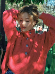 Vibrant Button-Front Mock Neck Ribbed Sweater - TEVQA