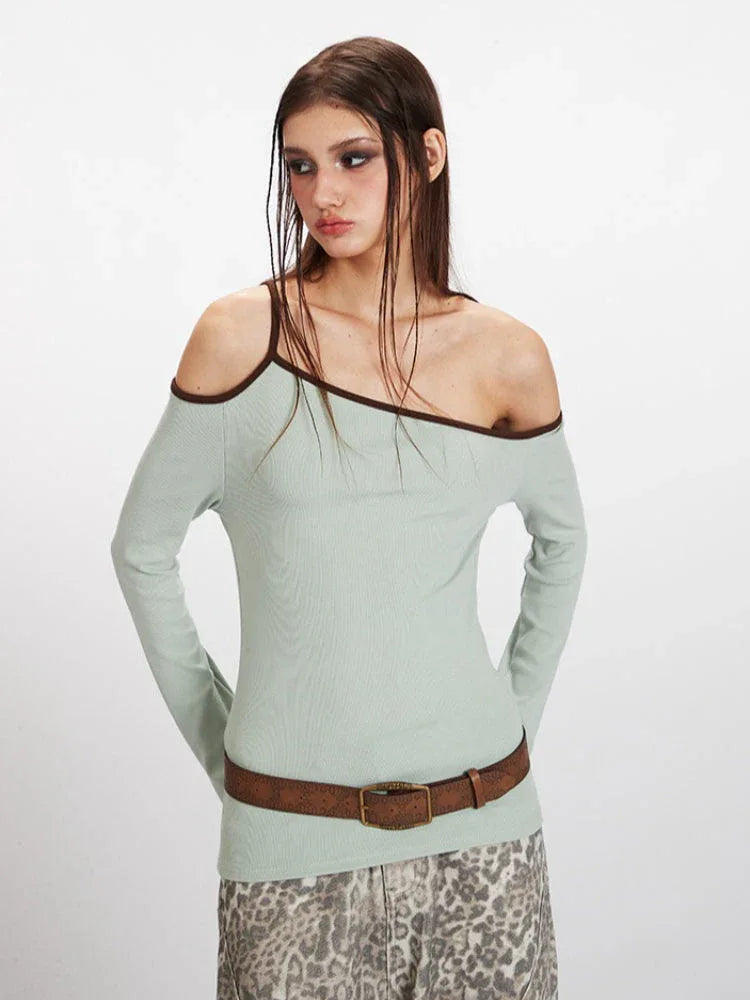Acubi Y2K Soft Sage Asymmetrical Off-Shoulder Top - TEVQA