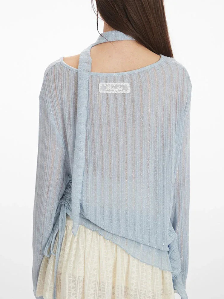 Ethereal Knit Top with Scarf Detail - View 6 | TEVQA