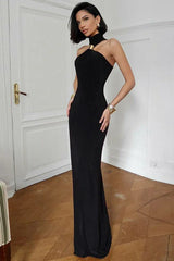 Floor length halter dress with gold trim - View 9 | TEVQA