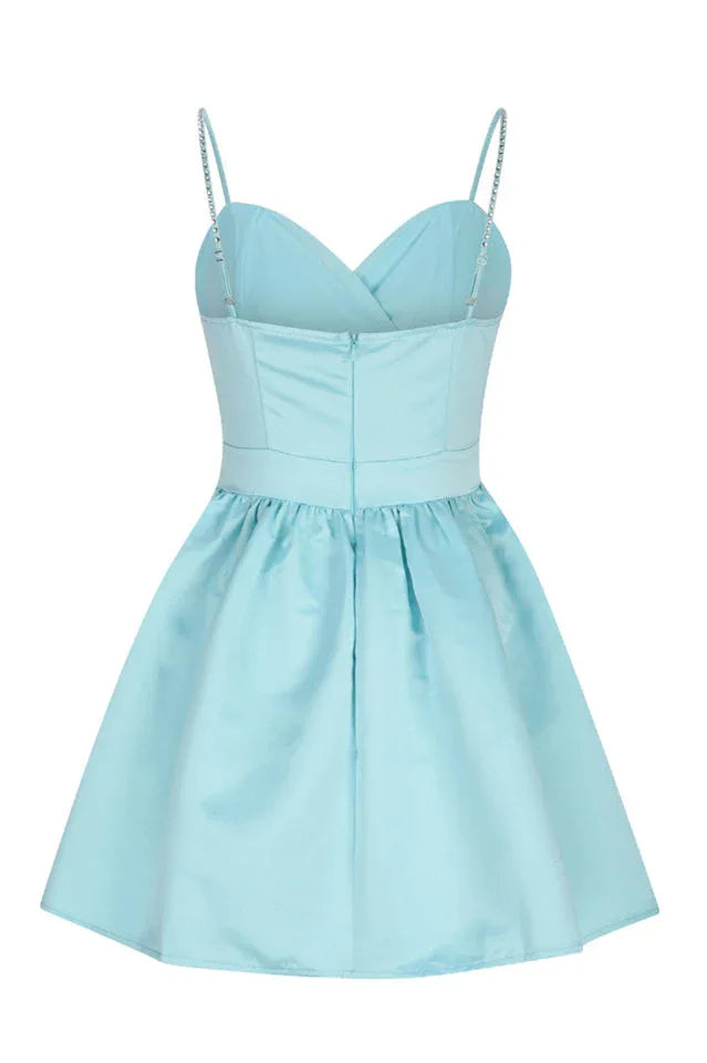 Aqua Blue Taffeta Mini Skater Dress with Crystal Straps - View 12 | TEVQA