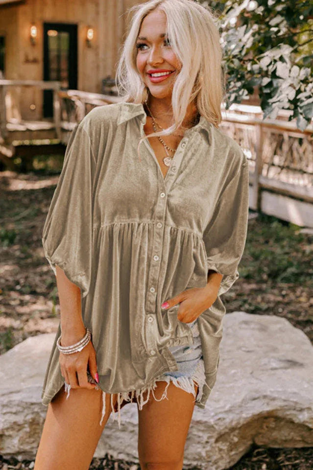 Chestnut Ruffle Velvet Tunic Top - View 10 | TEVQA