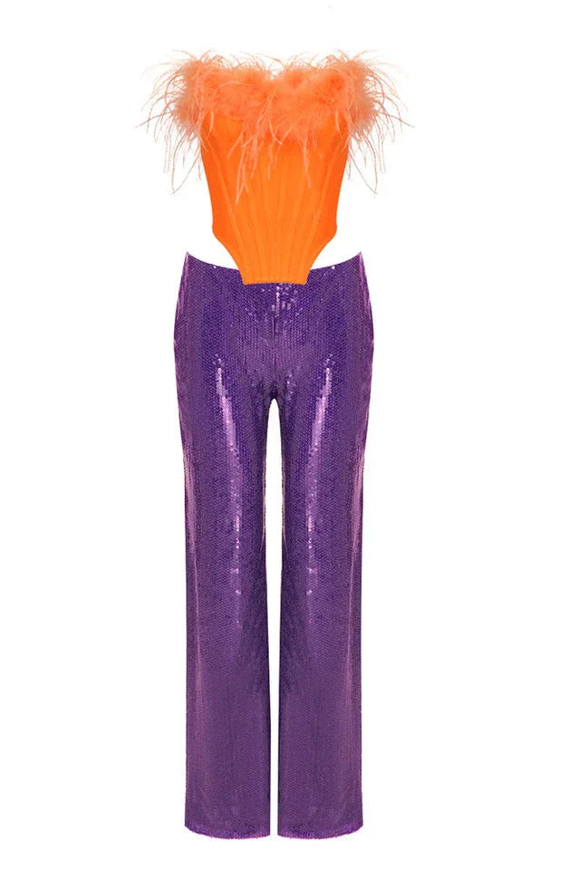 Sequin crop top and wide leg pants set with feather trim - View 12 | TEVQA