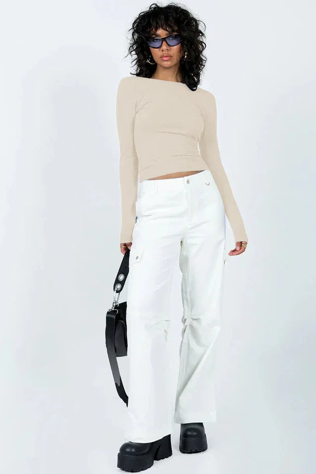 Ribbed knit long sleeve top with open back - View 14 | TEVQA
