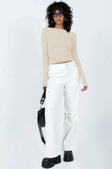 Ribbed knit long sleeve top with open back - View 14 | TEVQA