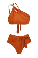 Orange textured one-shoulder bikini top and high-waisted bottoms