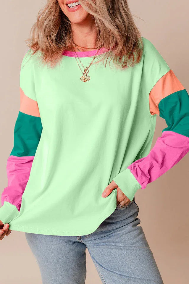 Playful Color Block Long Sleeve Top - TEVQA