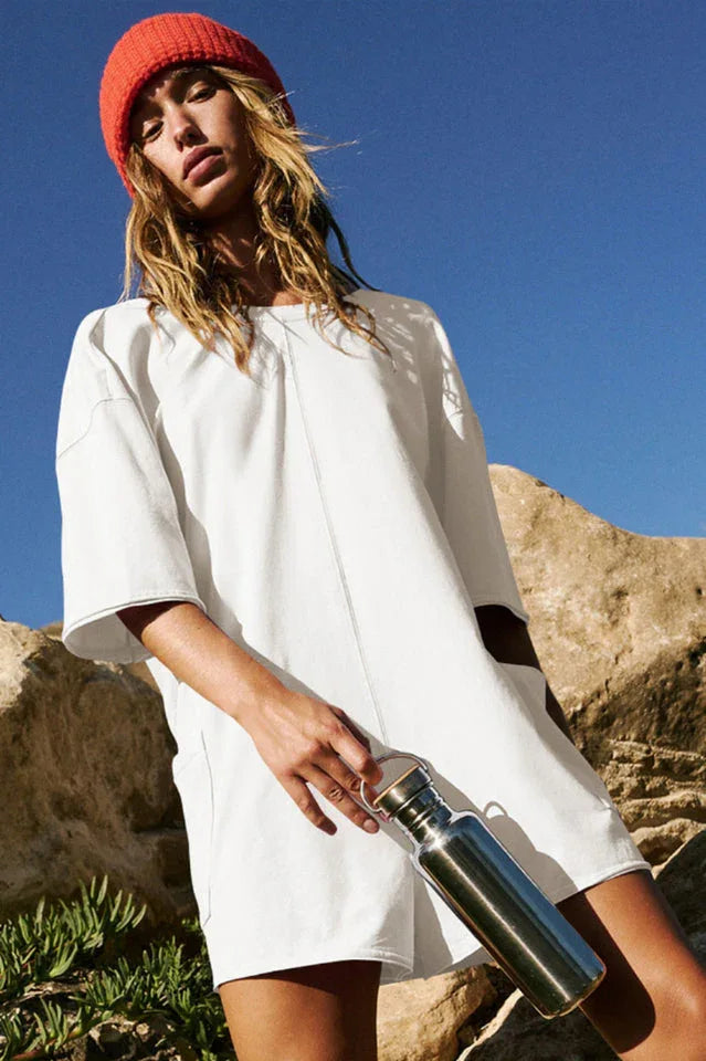 Oversized Crew Neck Romper with Open Back - View 12 | TEVQA