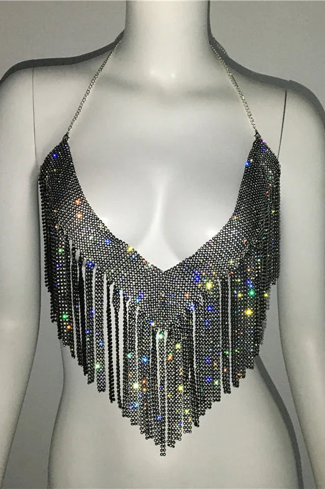 Sparkling Crystal Chainmail Crop Top - Backless Rhinestone Metal Mesh Cami - TEVQA