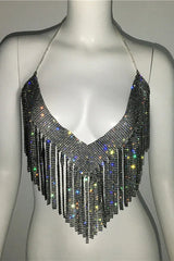 Sparkling Crystal Chainmail Crop Top - Backless Rhinestone Metal Mesh Cami - TEVQA