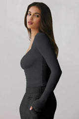 Cream Ribbed Sweetheart Neck Long Sleeve Top - TEVQA