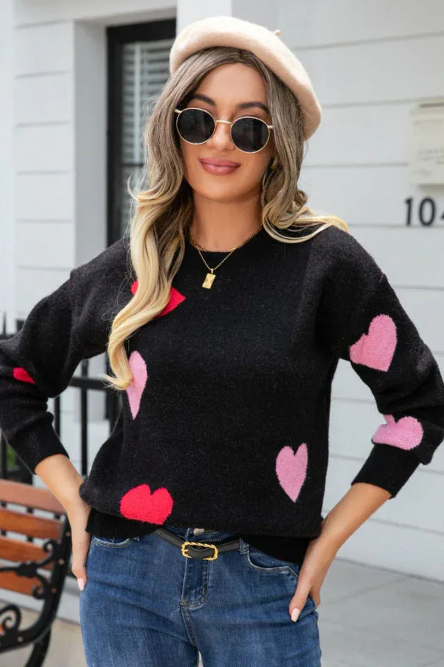 Soft Pink Heart Print Knit Sweater - View 6 | TEVQA