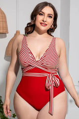 Striped Tie Waist One Piece Swimsuit - View 13 | TEVQA