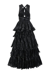 Tiered Halter Neck Metallic Gold Lamé Dress - View 11 | TEVQA