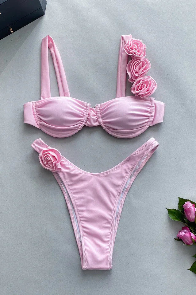 Ruched bikini set with floral accents and sweetheart neckline - View 8 | TEVQA