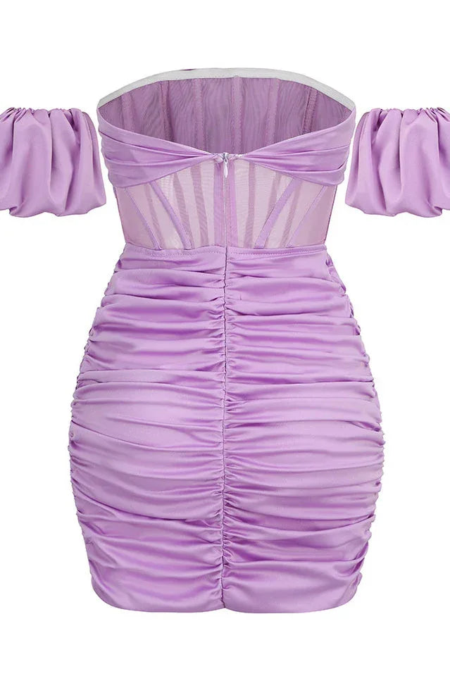 Lilac off-shoulder puff sleeve mini dress - View 7 | TEVQA