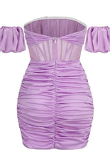 Lilac off-shoulder puff sleeve mini dress - View 7 | TEVQA