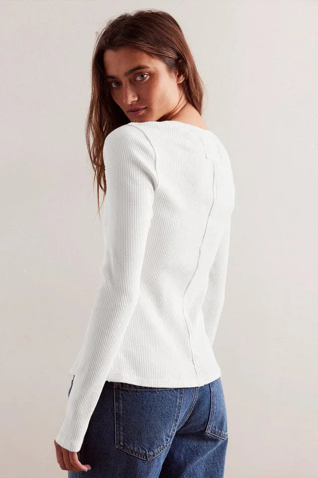 Vintage Rouge Ribbed Button-Front Long Sleeve Top - TEVQA
