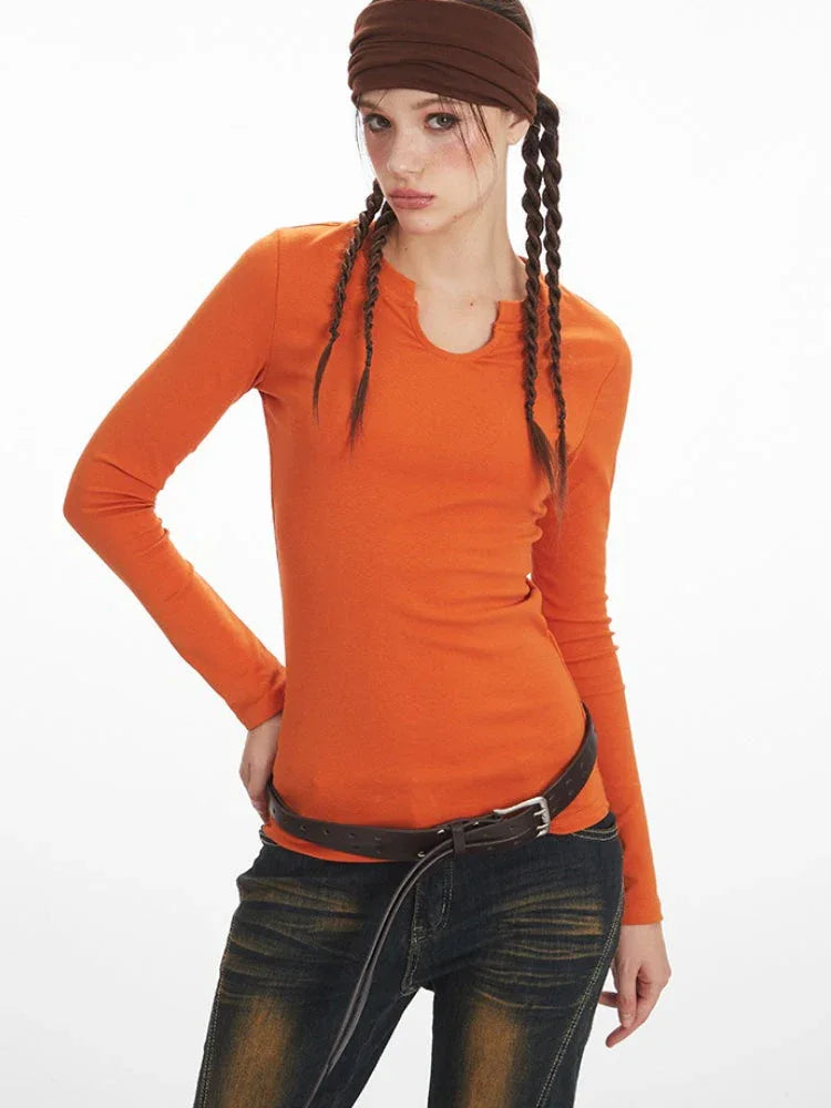 Vintage Pumpkin Orange Split Neck Long Sleeve Top - TEVQA