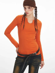 Vintage Pumpkin Orange Split Neck Long Sleeve Top - TEVQA