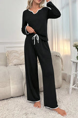 Black Lounge Set with White Contrast Piping, Long Sleeve V-Notch Top & Pants - Classic Pajamas