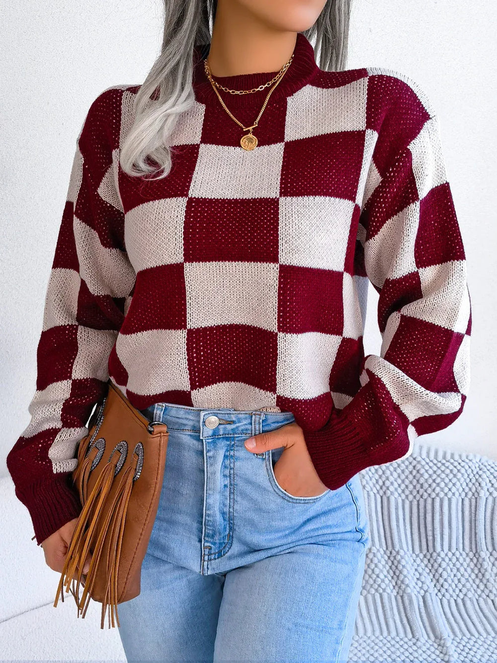 Black and white checkerboard knit mock neck sweater - View 16 | TEVQA